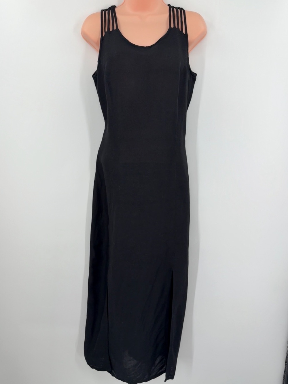 Apart Vintage Linen Blend Cage Strap Double Slit Midi Dress | Black | 8